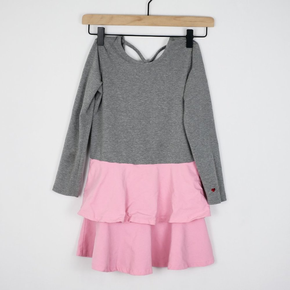 Hanna Andersson Drop Waist Tiered Dress, Gray Pink, Girls Size 6/7 (Label 120)